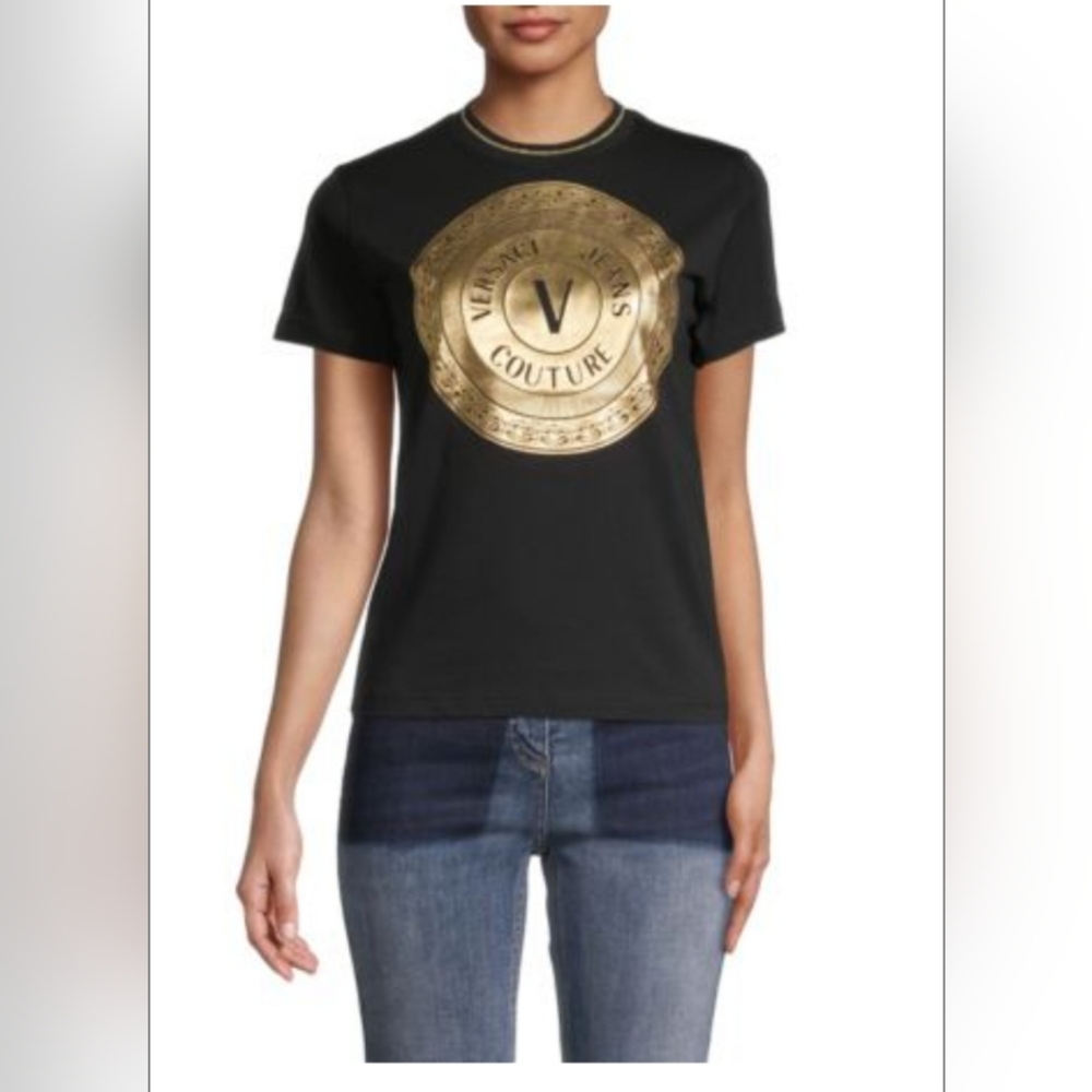Versace Jeans Collection Black T-Shirt with Gold Medallion Logo